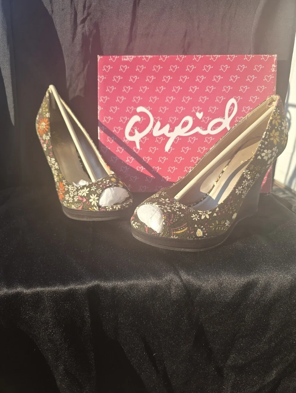 Qupid Olive Green Floral Peep-Toe Wedges